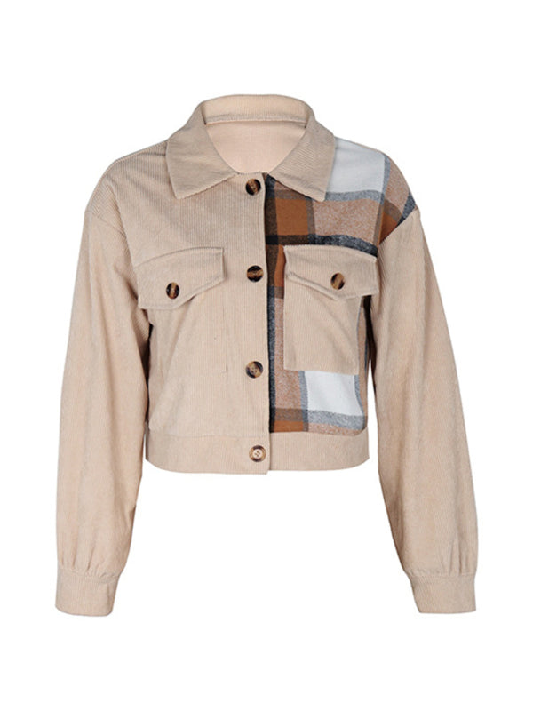 Patchwork Chic: Winter Corduroy Crop Collar Jacket Crop Jackets - Chuzko Women Clothing