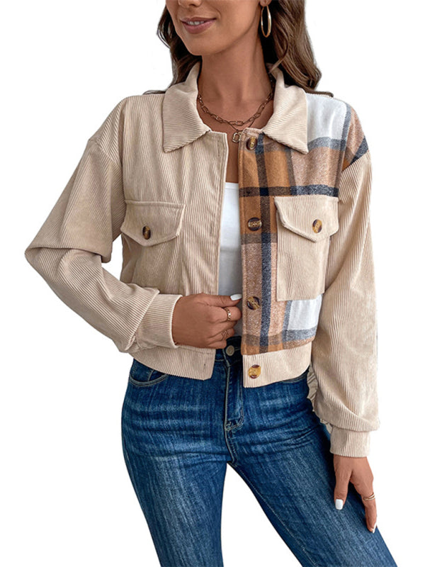 Patchwork Chic: Winter Corduroy Crop Collar Jacket Crop Jackets - Chuzko Women Clothing