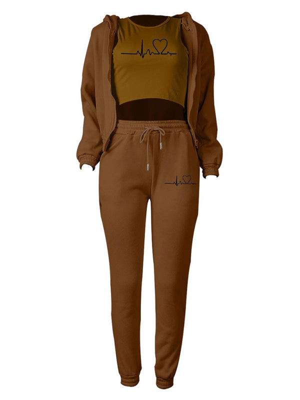 3-Pcs Sport Outfit Sweatpants + Crop Tank Top + Cozy Hoodie Sport Outfit - Chuzko Women Clothing