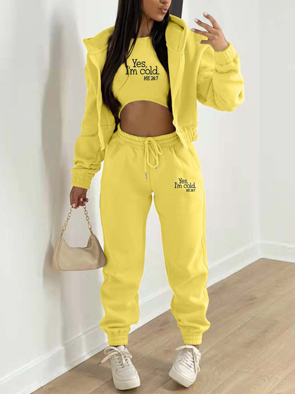 3 Piece Cotton-Blend Joggers & Cozy Hoodie & Crop Tank Top Casual Outfits - Chuzko Women Clothing