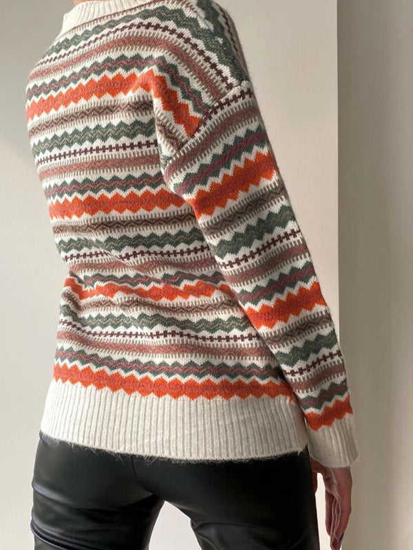 Fair Isle Knit Button-Up Sweater Cardigan Cardigans Sweaters - Chuzko Women Clothing