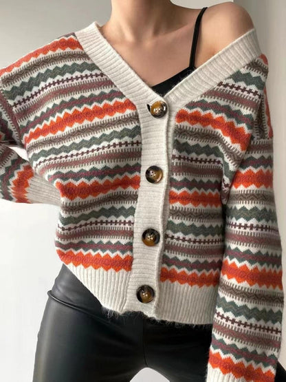 Fair Isle Knit Button-Up Sweater Cardigan Cardigans Sweaters - Chuzko Women Clothing