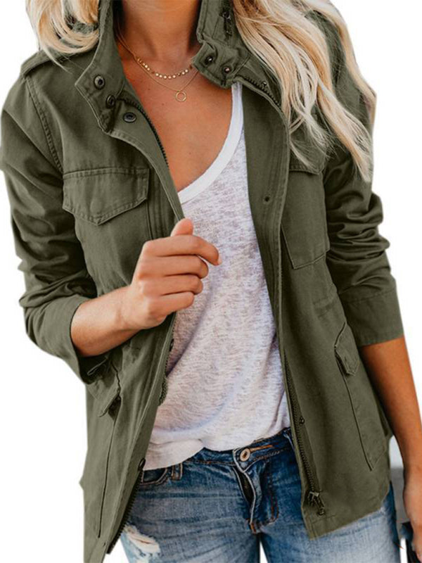 Women’s Solid Cotton Militar Utility Zip-Up Cargo Jacket Utility Jackets - Chuzko Women Clothing