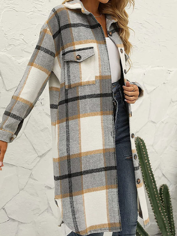 Faux Wool Plaid Windbreaker Coat Windbreaker - Chuzko Women Clothing