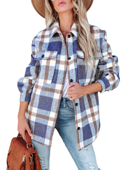 Autumn Shacket Bushed Flannel Plaid Long Shirt Jacket Shackets - Chuzko Women Clothing