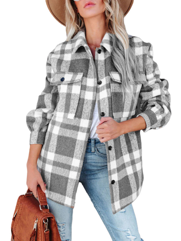 Autumn Shacket Bushed Flannel Plaid Long Shirt Jacket Shackets - Chuzko Women Clothing
