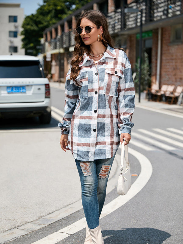 Autumn Woolen Plaid Mid-Length Shacket Shirt Jacket Shackets - Chuzko Women Clothing