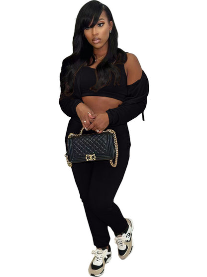 Sport Outfit 3-Pc Joggers + Fleece Hoodie + Crop Top Sport Outfits - Chuzko Women Clothing