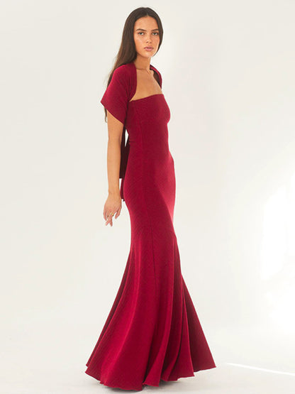 Elegant Strapless Mermaid Shawl Maxi Dress Elegant Dresses - Chuzko Women Clothing