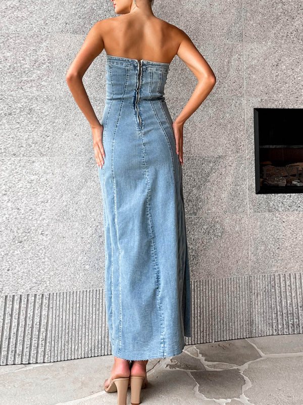 Denim Strapless Tube Slit Maxi Dress Denim Dresses - Chuzko Women Clothing