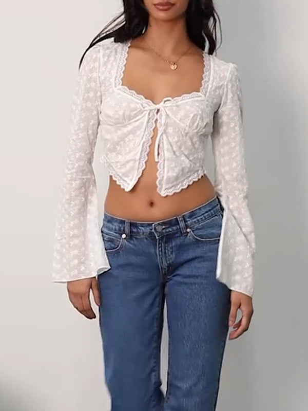 Embroidered See-Through Lace-Up Bell Sleeve Crop Blouse Blouses - Chuzko Women Clothing