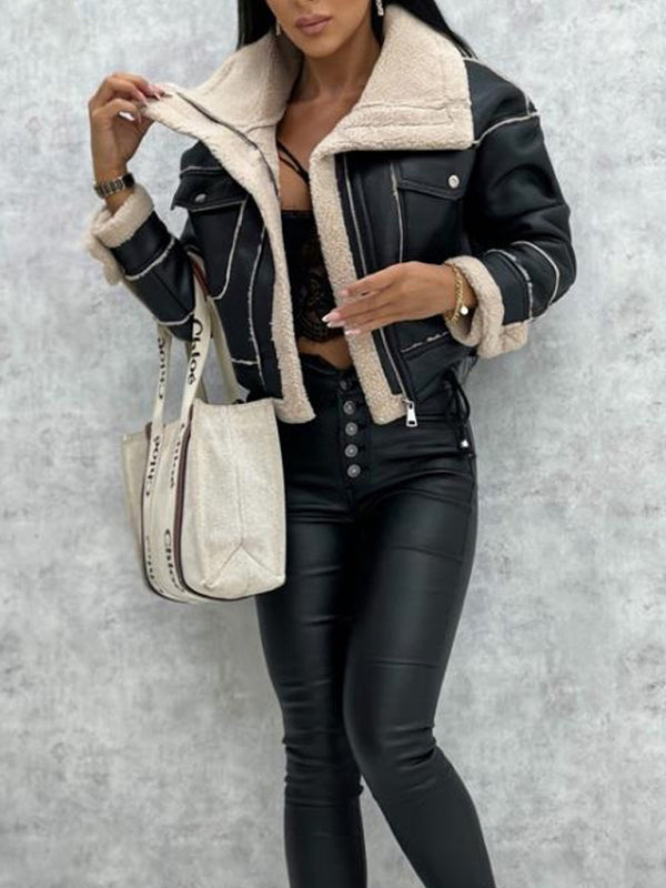 Faux Leather Aviator Fur Jacket for Women Winter Aviator Jackets - Chuzko Women Clothing