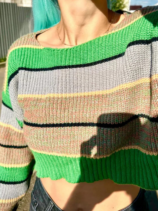 Autumn Stripe Crop Sweater Sweaters - Chuzko Women Clothing