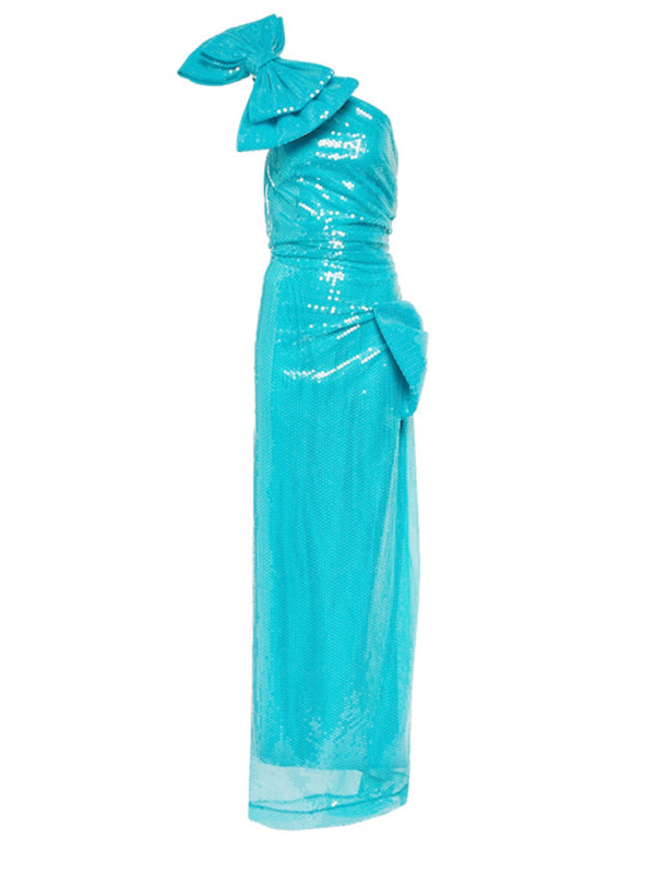 Formal One Shoulder Sequin Maxi Dress Gowns - Chuzko Women Clothing