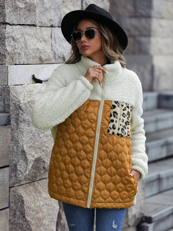 Leopard Print Quilted Fleece Jacket for Women Quilted Jackets - Chuzko Women Clothing