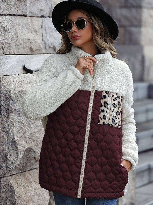 Leopard Print Quilted Fleece Jacket for Women Quilted Jackets - Chuzko Women Clothing