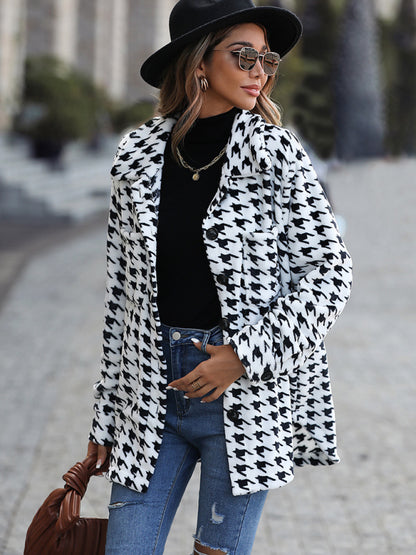 Winter Houndstooth Plush Fleece Mid-Length Jacket Houndstooth Jacket - Chuzko Women Clothing