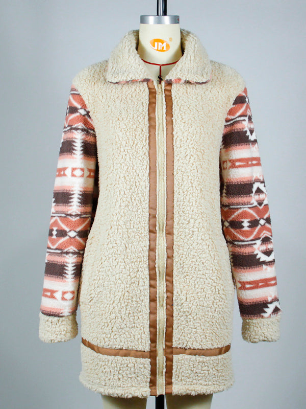 Teddy Aztec Print Fleece Coat - Plush Mid-Length Jacket Fluffy Jackets - Chuzko Women Clothing
