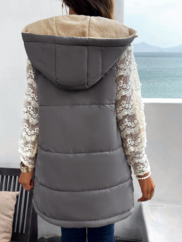 Cold-Proof Puffer Mid-Length Hooded Vest with Fleece Lining Waistcoats - Chuzko Women Clothing