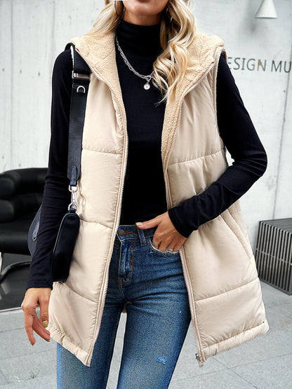 Cold-Proof Puffer Mid-Length Hooded Vest with Fleece Lining Waistcoats - Chuzko Women Clothing