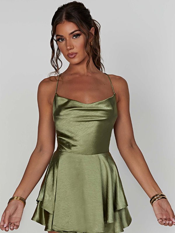 Elegance in Layers: Satin Strappy Back Mini Dress Satin Dresses - Chuzko Women Clothing