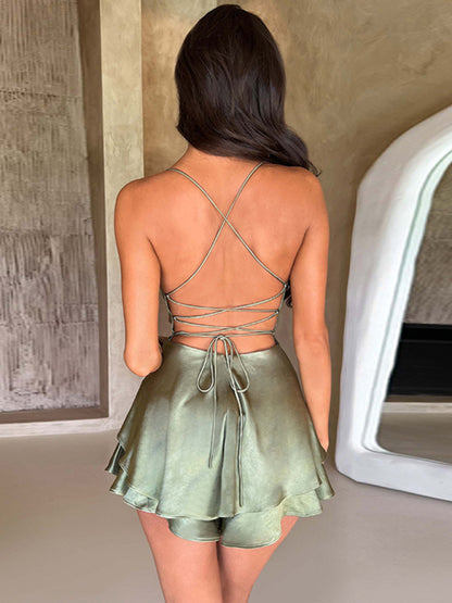 Elegance in Layers: Satin Strappy Back Mini Dress Satin Dresses - Chuzko Women Clothing