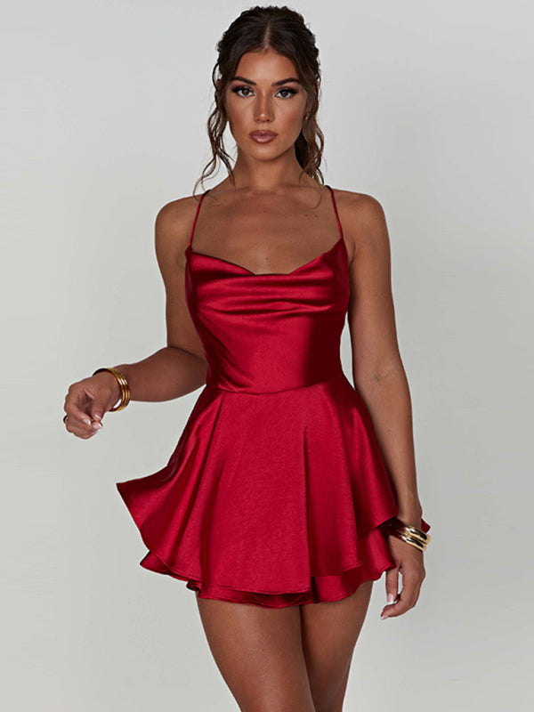 Elegance in Layers: Satin Strappy Back Mini Dress Satin Dresses - Chuzko Women Clothing