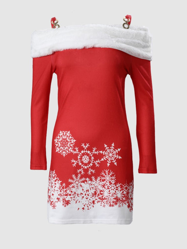 Santa's Helper Christmas Mini Dress with Faux Fur Xmas Dresses - Chuzko Women Clothing