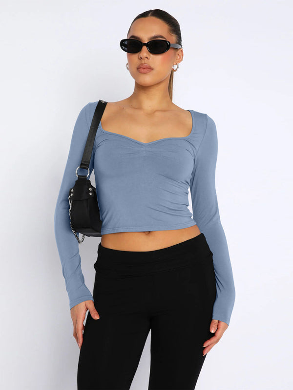 Square Neck Long Sleeve Fitted Tee T-Shirt - Chuzko Women Clothing
