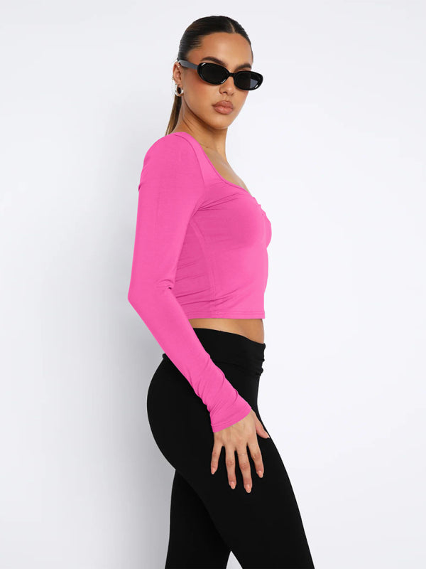 Square Neck Long Sleeve Fitted Tee T-Shirt - Chuzko Women Clothing