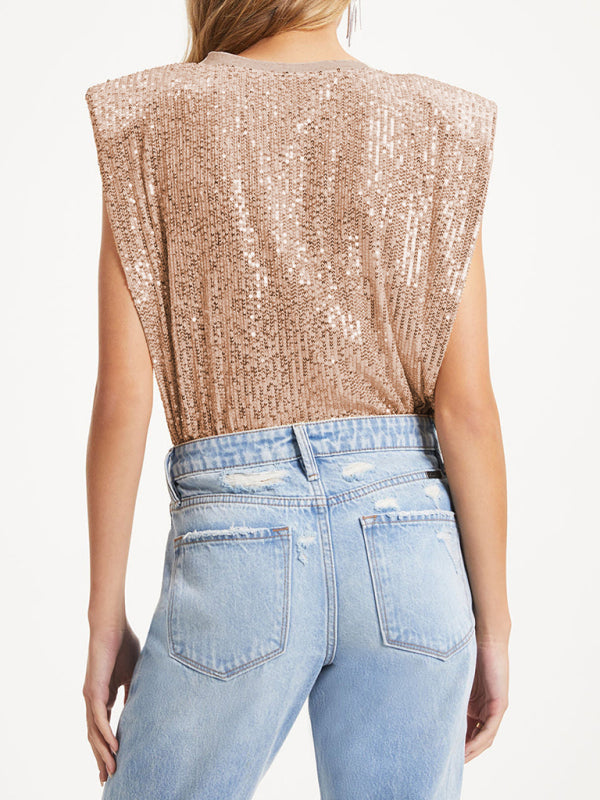Sparkling Sequin Tank Top with Shoulder Pads Sparkly Tops - Chuzko Women Clothing