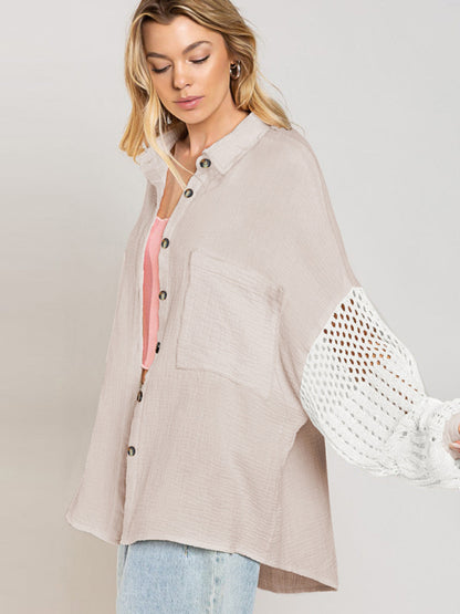 Oversized Drop Shoulder Shirt with Textured Patchwork Knit Sleeves Shirts - Chuzko Women Clothing