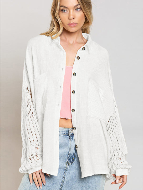 Oversized Drop Shoulder Shirt with Textured Patchwork Knit Sleeves Shirts - Chuzko Women Clothing
