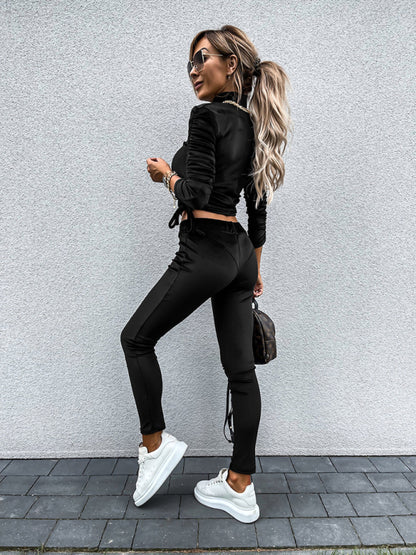 Velvet Lounge Couture Set with Leggings and Ruched High Neck Top Jogging Set - Chuzko Women Clothing