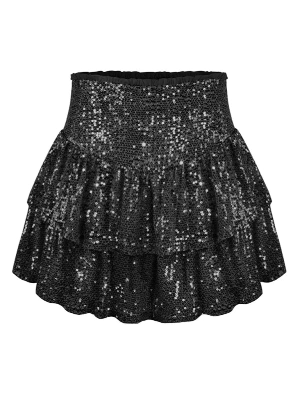 Sparkly Sequined Ruffled Mini Skirt Ruffled Mini Skirts - Chuzko Women Clothing