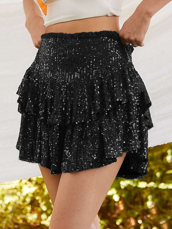 Sparkly Sequined Ruffled Mini Skirt Ruffled Mini Skirts - Chuzko Women Clothing