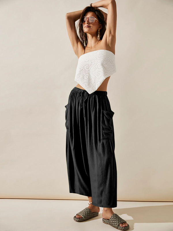 Solid Oversized Wide-Leg Pants with Side Pockets and Elastic Waist Pants - Chuzko Women Clothing