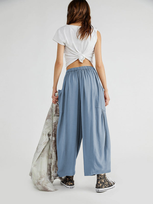 Solid Oversized Wide-Leg Pants with Side Pockets and Elastic Waist Pants - Chuzko Women Clothing