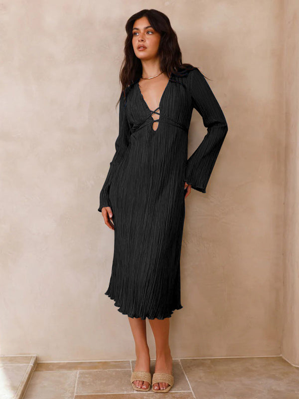 Casual Dinners Plisse Midi Dress with Lace-Up Back Plisse Dresses - Chuzko Women Clothing