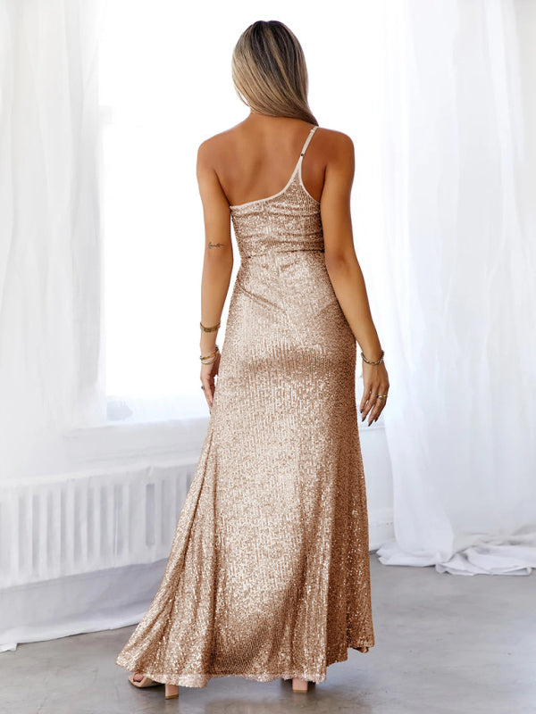 Evening Elegant Sequin One-Shoulder Slit Gown Dress Elegant Dresses - Chuzko Women Clothing