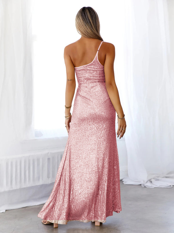 Evening Elegant Sequin One-Shoulder Slit Gown Dress Elegant Dresses - Chuzko Women Clothing