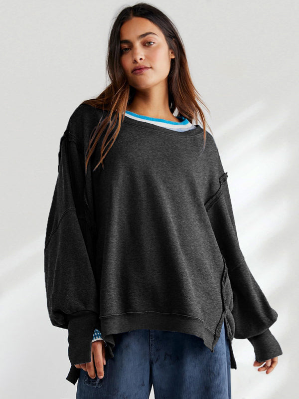 Slouchy Patchwork Oversized Sweatshirt with Exposed Seams Sweatshirts - Chuzko Women Clothing