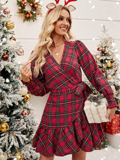Tartan Delight: Long Sleeve Holiday Plaid Wrap Dress Xmas Dresses - Chuzko Women Clothing