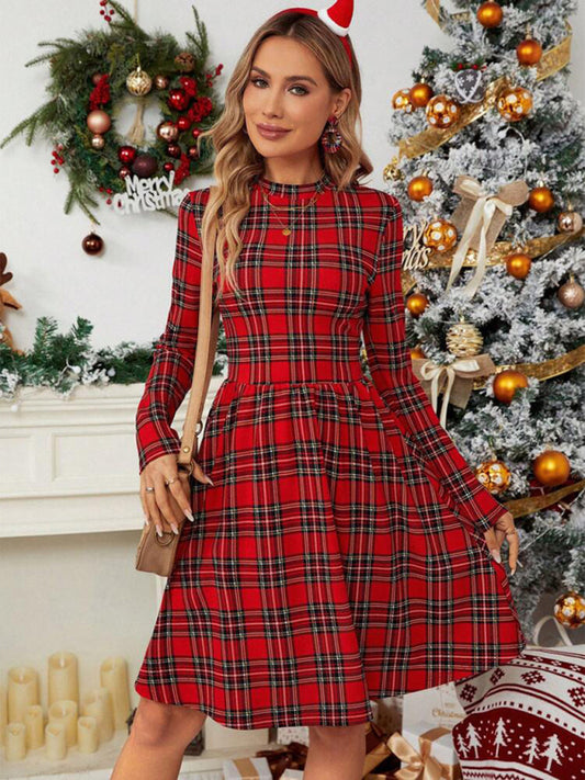 Festive Plaid Christmas Dress: Long Sleeve Mock Neck Holiday Attire Xmas Dresses - Chuzko Women Clothing
