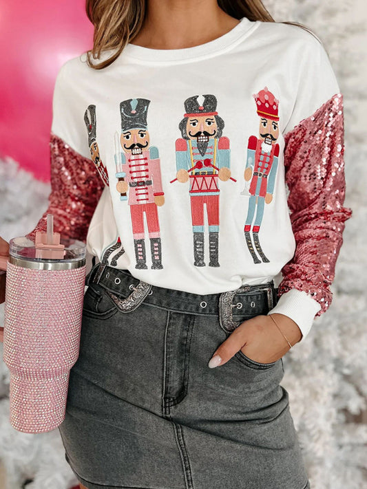 Festive Sparkle: Sequined Long Sleeve Christmas Sweatshirt Xmas T-Shirt - Chuzko Women Clothing