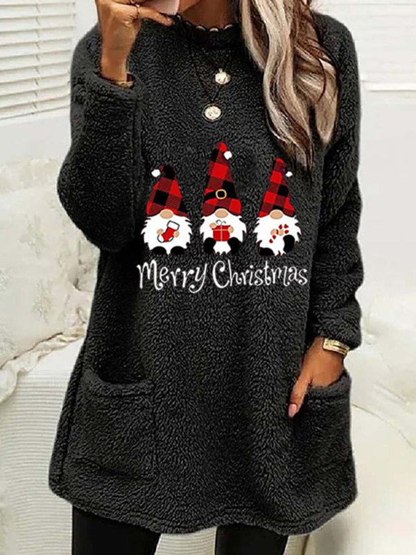 Cozy Christmas Fluffy Plush Tunic Sweatshirt - Thanksgiving Pullover Xmas Pullover - Chuzko Women Clothing