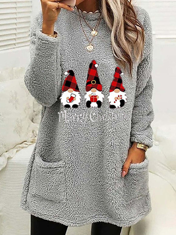 Cozy Christmas Fluffy Plush Tunic Sweatshirt - Thanksgiving Pullover Xmas Pullover - Chuzko Women Clothing