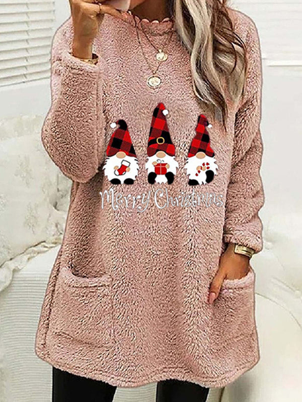 Cozy Christmas Fluffy Plush Tunic Sweatshirt - Thanksgiving Pullover Xmas Pullover - Chuzko Women Clothing