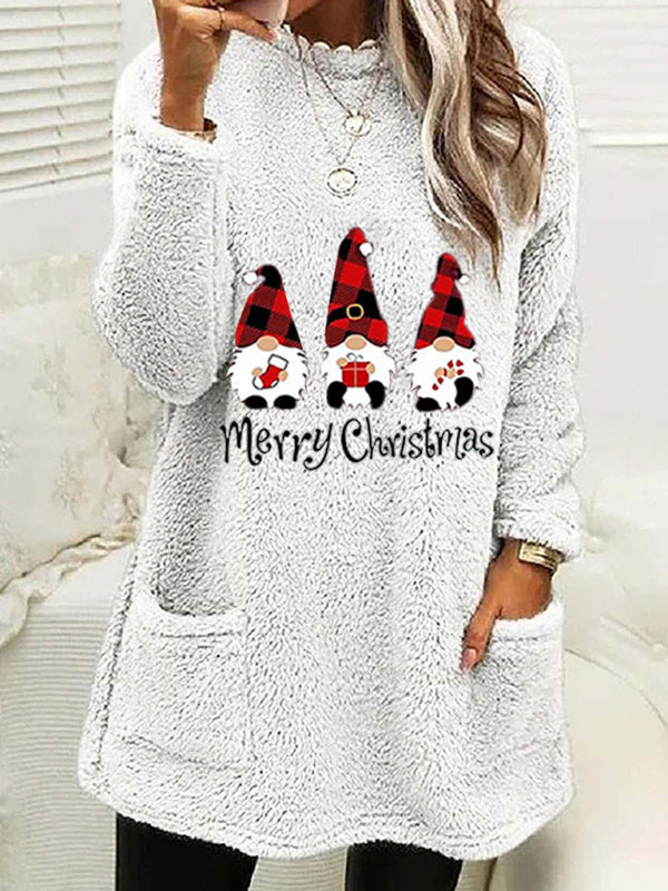 Cozy Christmas Fluffy Plush Tunic Sweatshirt - Thanksgiving Pullover Xmas Pullover - Chuzko Women Clothing