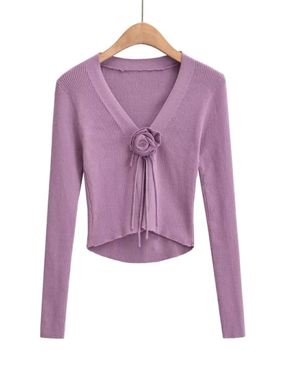 Knit Tie-Flower Cardigan for Autumn | Feminine Allure Cozy Knit Sweater for Winter Knit Cardigans - Chuzko Women Clothing